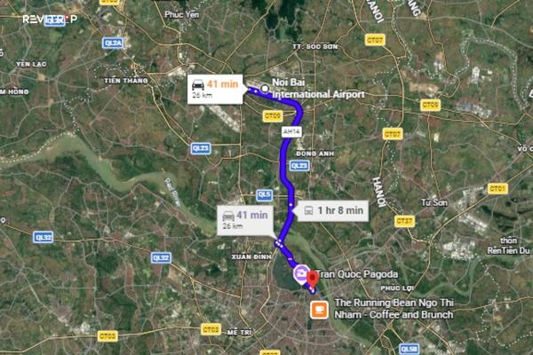 Map showing directions from Noi Bai Airport to Chalcedony Hotel Hanoi in Ba Dinh District