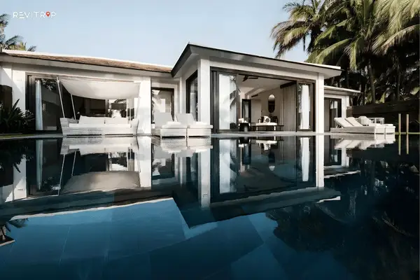 TIA 康养度假村内饰，带有私人泳池别墅和康养感