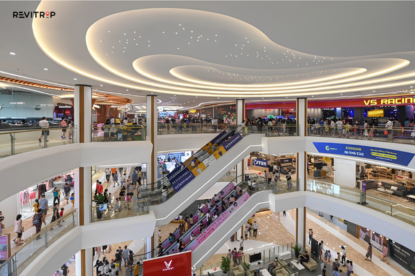 Interior of Vincom Mega Mall Times City with shops, escalators, and entertainment areas