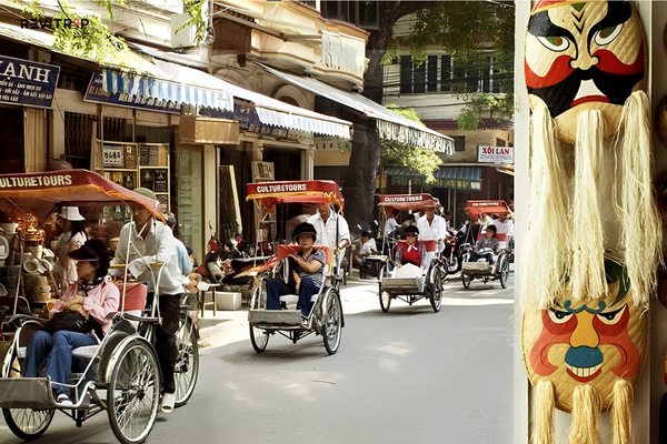 Cyclo rickshaws passing shops on a busy street in Hanoi Old Quarter