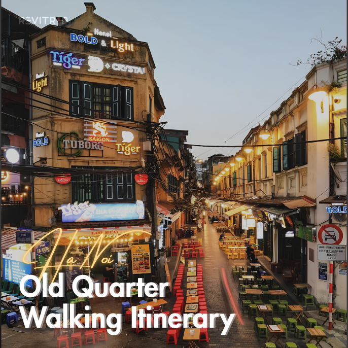 Night view of Hanoi Old Quarter with colorful street-side tables and historic buildings along a walking route
