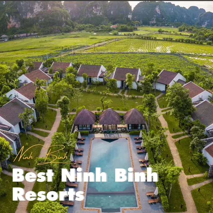 View of a Ninh Binh resort surrounded by limestone mountains and rice fields