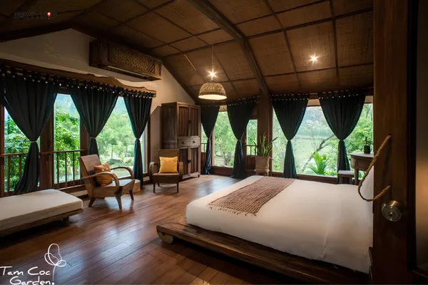 Tam Coc Garden Resort surrounded by rice fields and limestone mountains