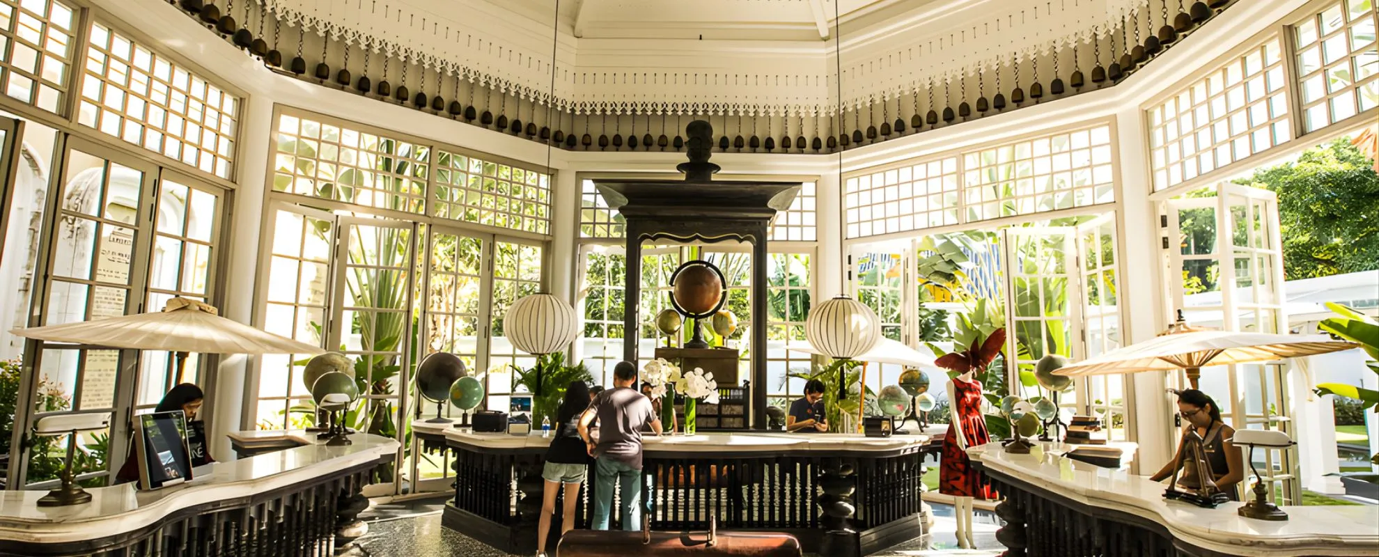 Luxury hotel lobby in Vietnam with elegant colonial-style interiors and tropical surroundings